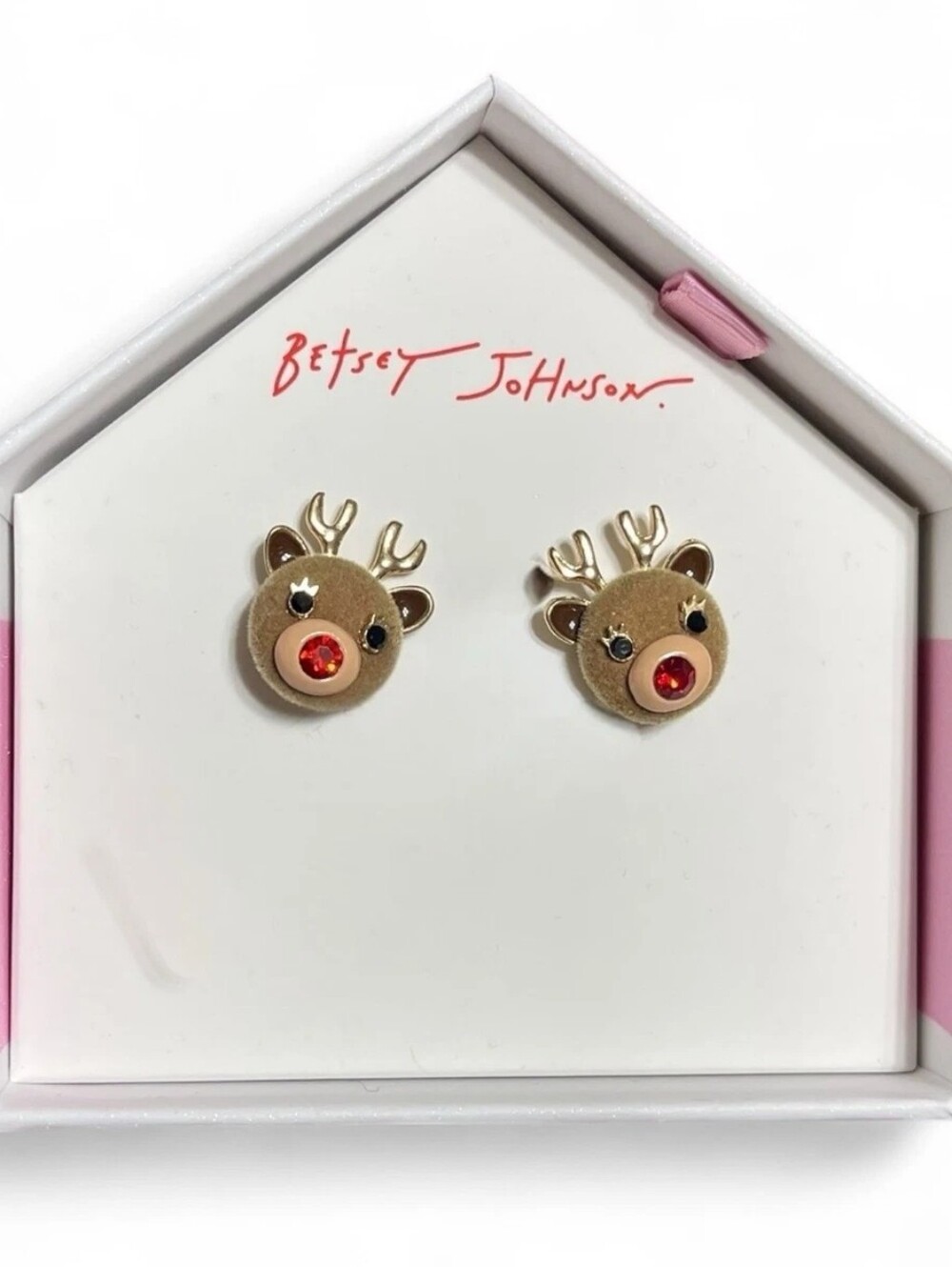 Betsey Johnson Gold Reindeer Face Stud Earrings with Red Nose